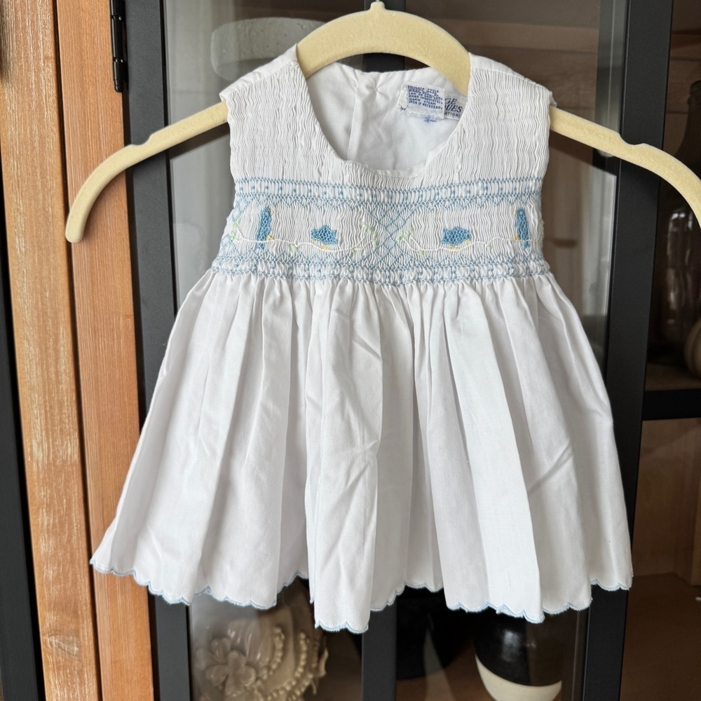 Vintage Carriage Boutique smocked dress embroidered birds scalloped baby girl